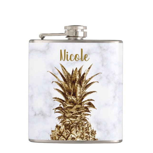 Stylish pretty girly gold & white marble pineapple flask (Front)