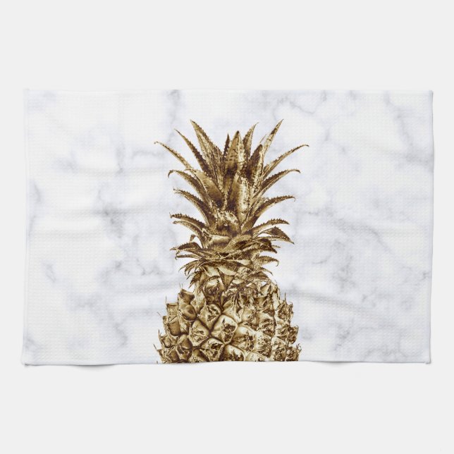 Stylish pretty girly gold & white marble pineapple kitchen towel (Horizontal)