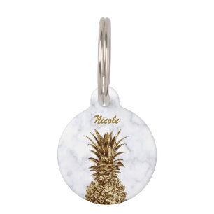 Stylish pretty girly gold & white marble pineapple pet ID tag