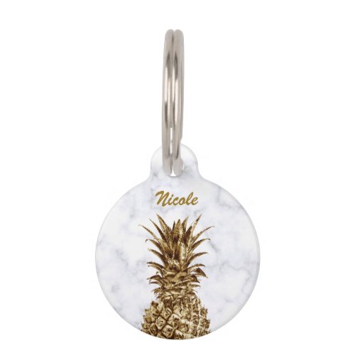 Stylish pretty girly gold  white marble pineapple pet ID tag