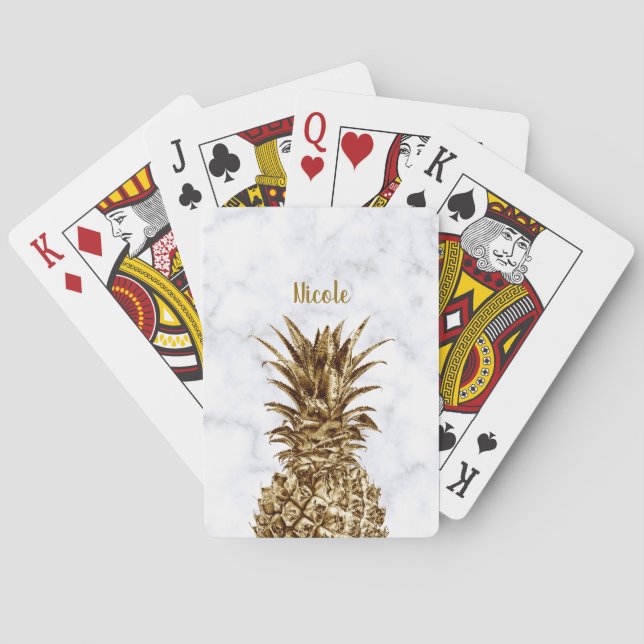 Stylish pretty girly gold & white marble pineapple poker cards (Back)