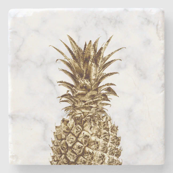 Stylish pretty girly gold &amp; white marble pineapple stone coaster | Zazzle