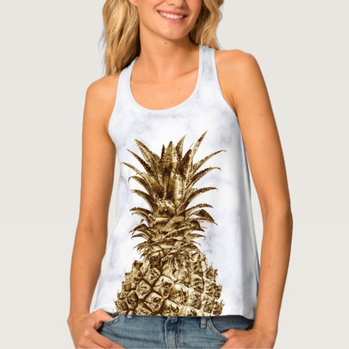 Stylish pretty girly gold  white marble pineapple tank top
