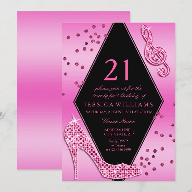 Stylish Pretty Glitzy Pink 21st Birthday Invitation (Front/Back)