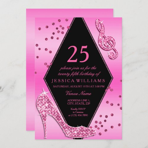 Stylish Pretty Glitzy Pink 25th Birthday Invitation