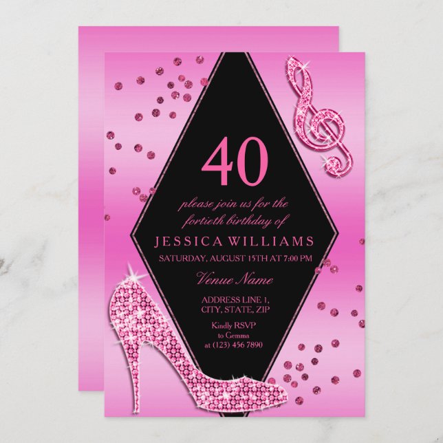 Stylish Pretty Glitzy Pink 40th Birthday Invitation (Front/Back)
