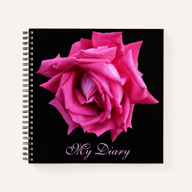 Stylish pretty hot pink rose flower black trendy notebook (Front)