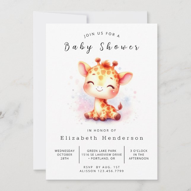 Stylish Printable Giraffe Baby Shower Invitation (Front)