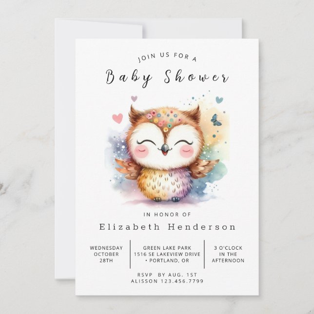 Stylish Printable Owl Baby Shower Invitation (Front)