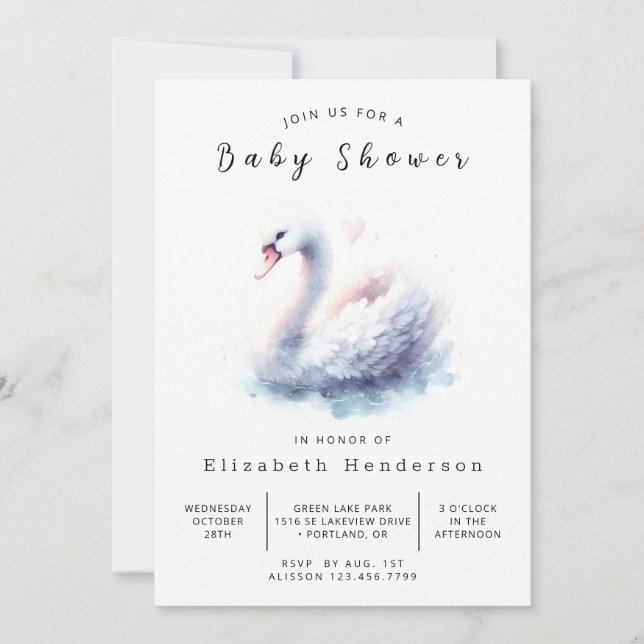 Stylish Printable Swan Baby Shower Invitation (Front)