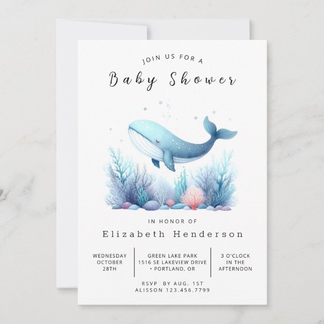Stylish Printable Whale Baby Shower Invitation (Front)