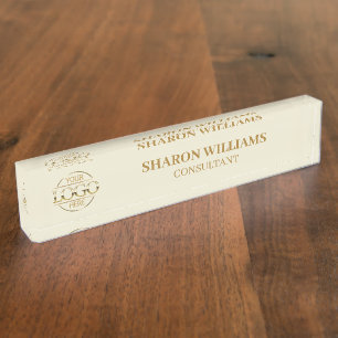 Stylish Professional Beige Gold Logo Office Title Desk Name Plate