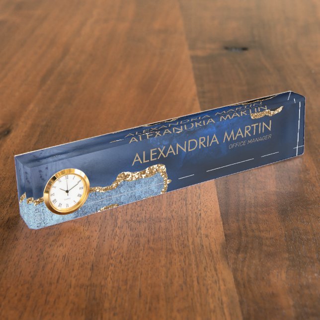 Stylish Professional Navy Blue Gold Glitter Office Desk Name Plate (Side)