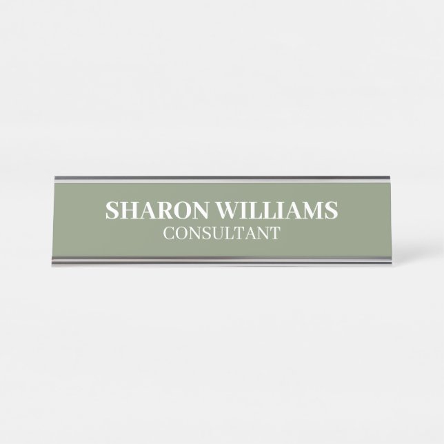 Stylish Professional Sage Green Minimalist Desk Name Plate (Front)