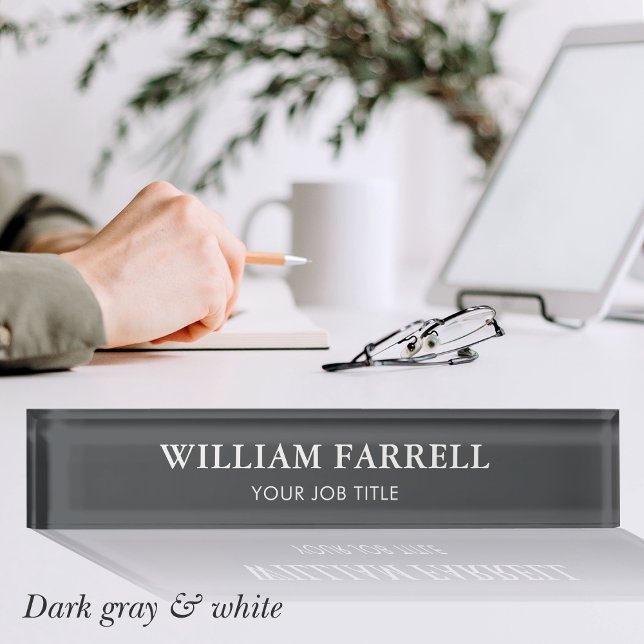 Stylish Professional Traditional Dark Gray White Desk Name Plate (Creator Uploaded)