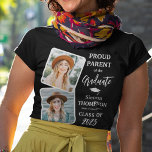 Stylish Proud Parent of the Graduate 2 Photo  T-Shirt<br><div class="desc">Celebrate your graduate's achievement with a stylish 'Proud Parent of the Graduate' t-shirt! Upload two photos of the grad and customize text, mortarboard, name, place of study, and class year. This versatile template is perfect for all family members! Change 'parent' to (mother, father, brother, sister, grandma, grandpa, besite, auntie, uncle...</div>