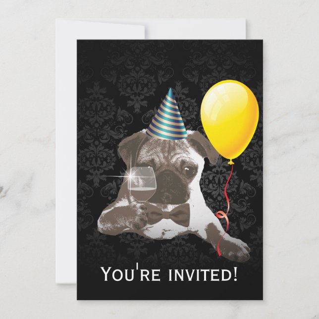 Stylish Pug & Balloon Birthday Party Invitations (Front)