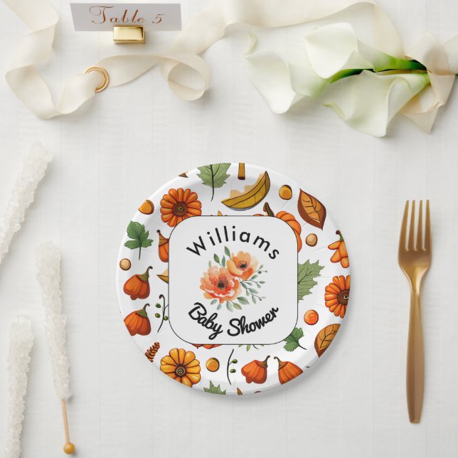 Stylish Pumpkin Floral Fall Baby Shower Paper Plates (Wedding)
