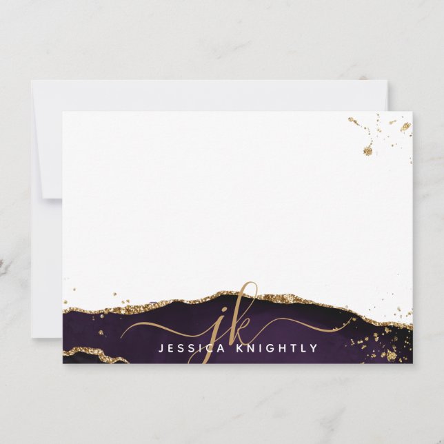 Stylish Purple Agate Gold Glitter Script Monogram Note Card (Front)