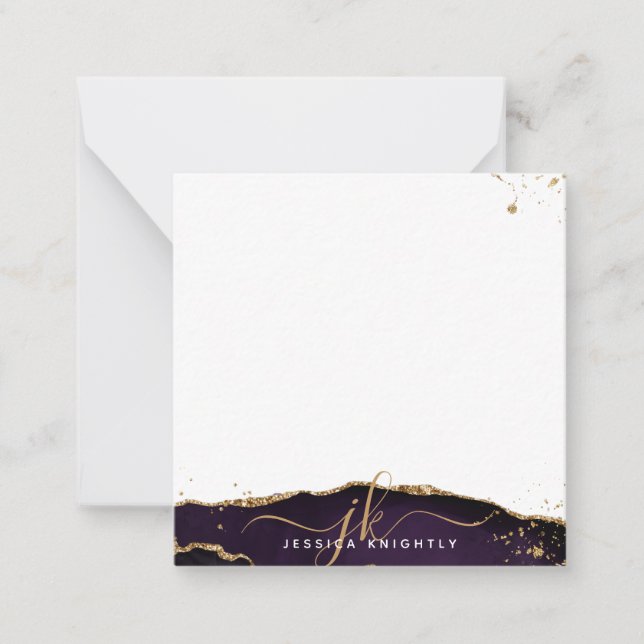 Stylish Purple Agate Script Monogram Gold Glitter Note Card (Front)