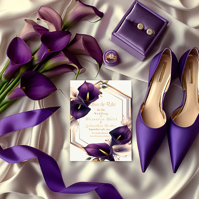 Stylish Purple and Gold Calla Lily Wedding RSVP Card | Zazzle