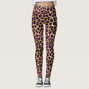 Stylish Purple and Gold Foil Leopard Spots Pattern Leggings