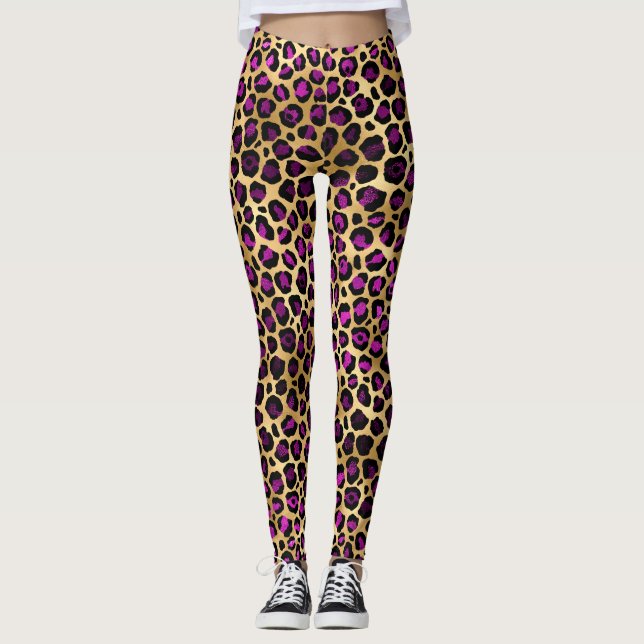 Stylish Purple and Gold Foil Leopard Spots Pattern Leggings (Front)