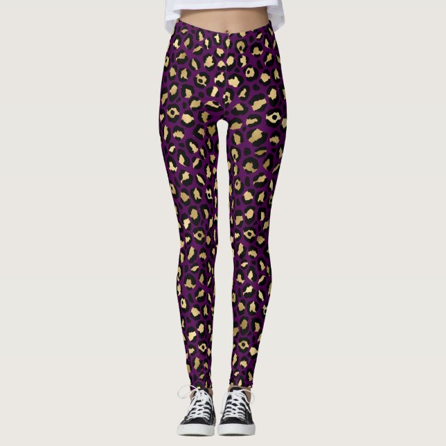 Stylish Purple and Gold Foil Leopard Spots Pattern Leggings (Front)