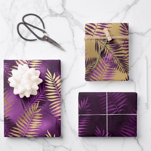 Stylish Purple and gold tropical jungle leaves Wrapping Paper Sheets (Front)