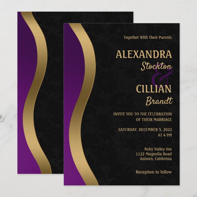 Stylish Purple and Gold Wedding Invitation (Front/Back)