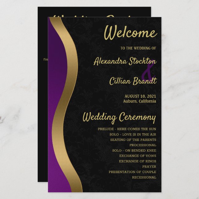 Stylish Purple and Gold Wedding Program (Front/Back)
