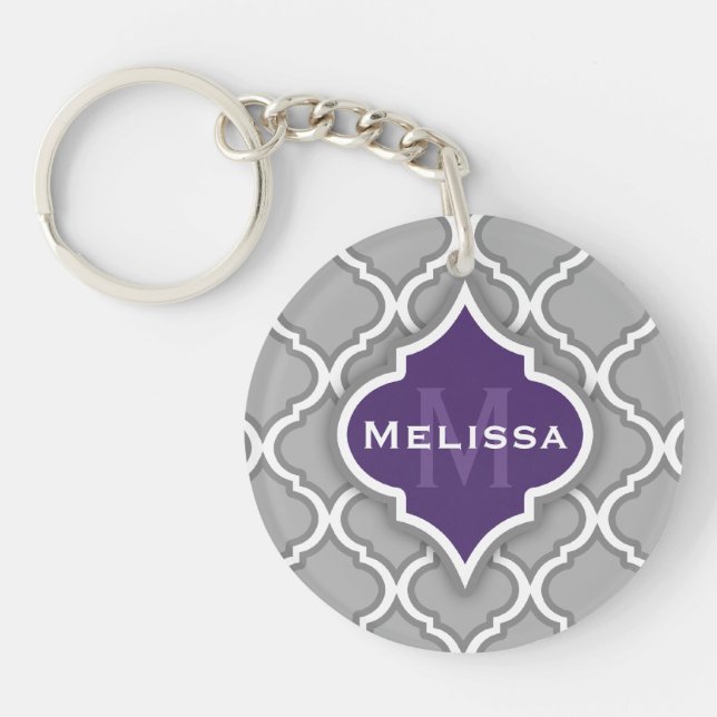 Stylish Purple and Gray Moroccan Tile Pattern Keychain (Front)