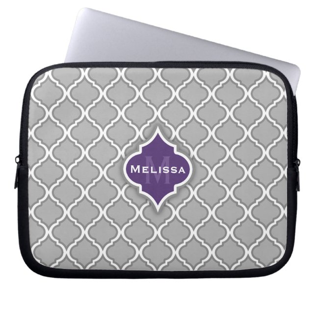 Stylish Purple and Gray Moroccan Tile Pattern Laptop Sleeve (Front)