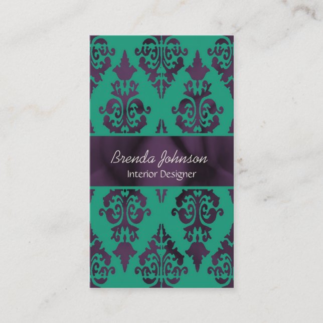 Stylish Purple and Green Damask Business Card (Front)