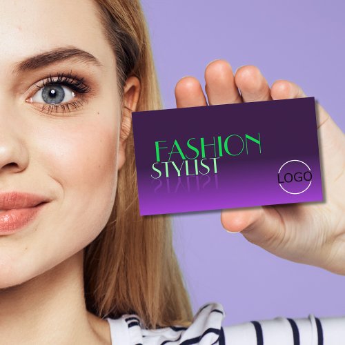 Stylish Purple and Green Mirror Font with Logo Business Card