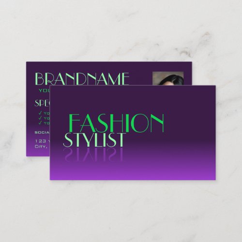 Stylish Purple and Green Mirror Font with Photo Business Card