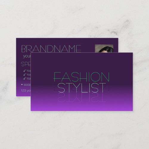 Stylish Purple and Green Mirror Letters with Photo Business Card