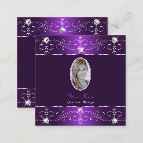 Stylish Purple and Lilac Ornate Ornaments add Foto Square Business Card