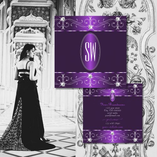Stylish Purple and Lilac Ornate Ornaments Initials Square Business Card