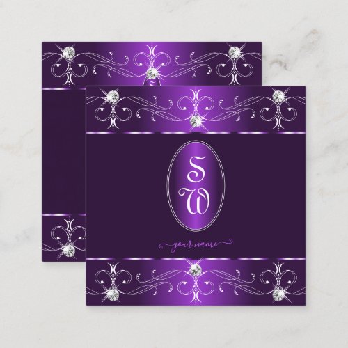 Stylish Purple and Lilac Ornate Ornaments Monogram Square Business Card