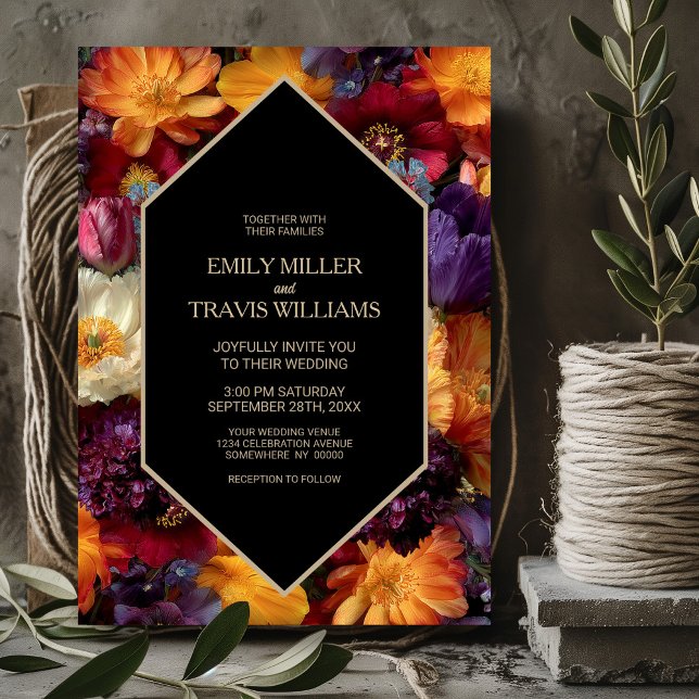 Stylish Purple and Orange Floral Black Wedding Invitation (Creator Uploaded)