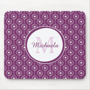 Stylish Purple and White Hearts Monogram With Name Mouse Pad