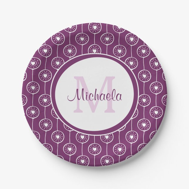 Stylish Purple and White Hearts Monogram With Name Paper Plates (Front)