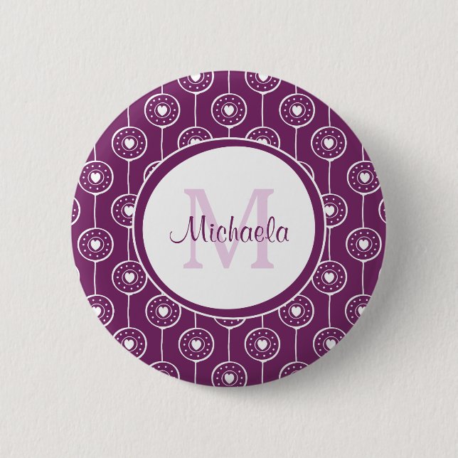 Stylish Purple and White Hearts Monogram With Name Pinback Button (Front)