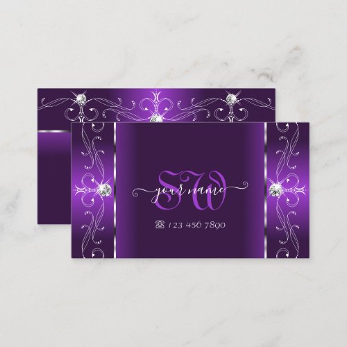 Stylish Purple and White Squiggled Jewels Monogram Business Card