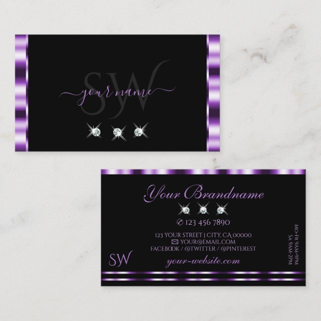 Stylish Purple Black Sparkling Diamonds Initials Business Card (Front/Back)