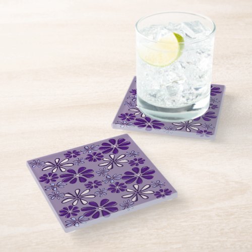 Stylish Purple Blue Flower Doodle Glass Coaster