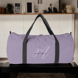 Stylish Purple Boho Script Name and Monogram Duffle Bag