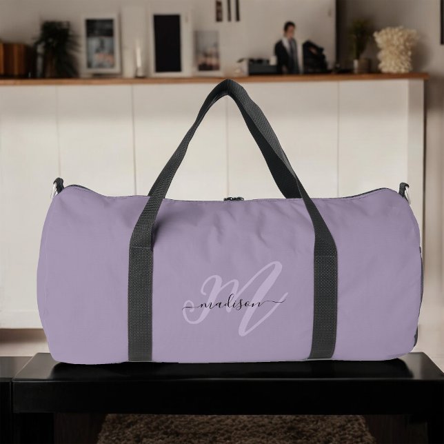 Stylish Purple Boho Script Name and Monogram Duffle Bag (Personalize with your name and monogram initial.)