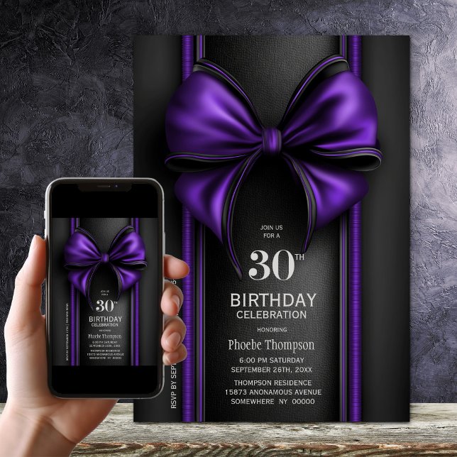 Stylish Purple Bow 30th Birthday Party Invitation (Creator Uploaded)